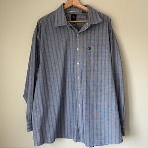 Men's Blue and White U.S. Polo Assn. Long Sleeve Button Up Shirt